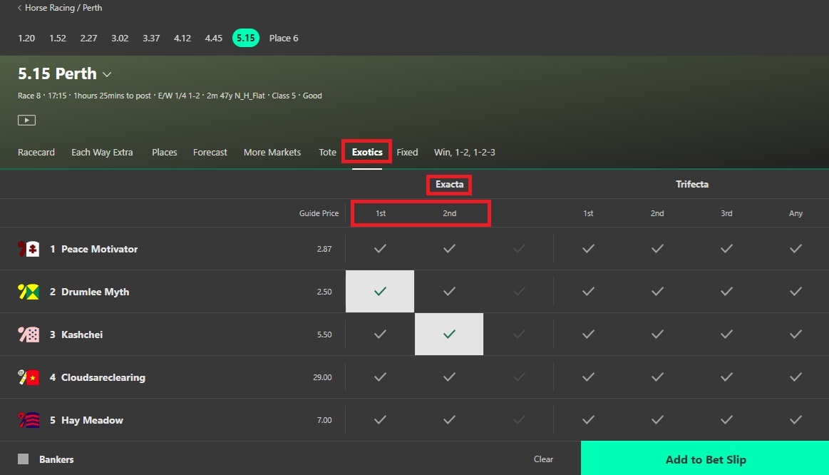 Bet365 5.15 perth racecard screen with 3 red rectangles highlighting the exotics heading, exacta section and 1st & 2nd columns